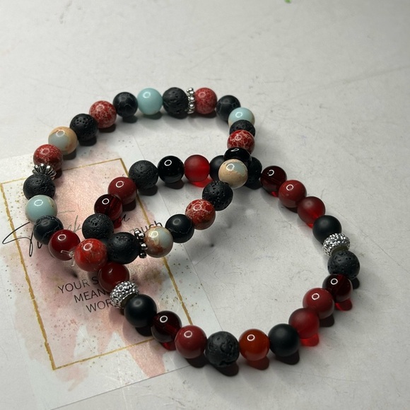 Red Agate & Lava Stone Bracelet Set - Picture 3 of 3